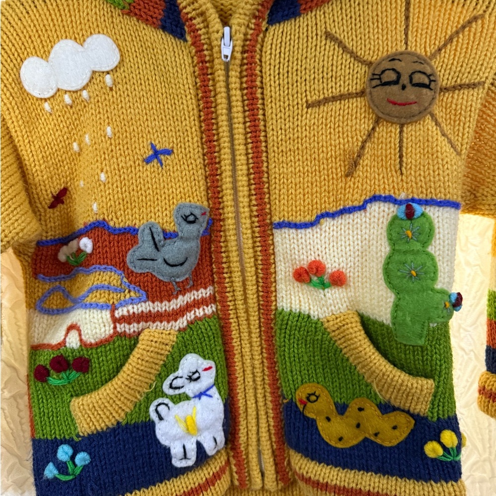 Alina’s 100% Acrilico handmade Colorful Knit Sweater with Sun and Animal Designs